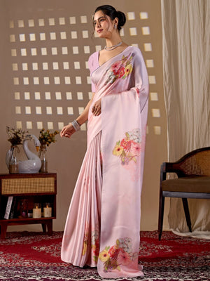 Rajwada Light Pink Satin Solid Saree For Women