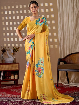 Rajwada Yellow Satin Solid Saree For Women