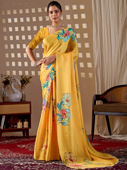 Rajwada Yellow Satin Solid Saree For Women