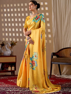 Rajwada Yellow Satin Solid Saree For Women