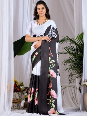 Rajwada White And Black Satin Solid Saree For Women