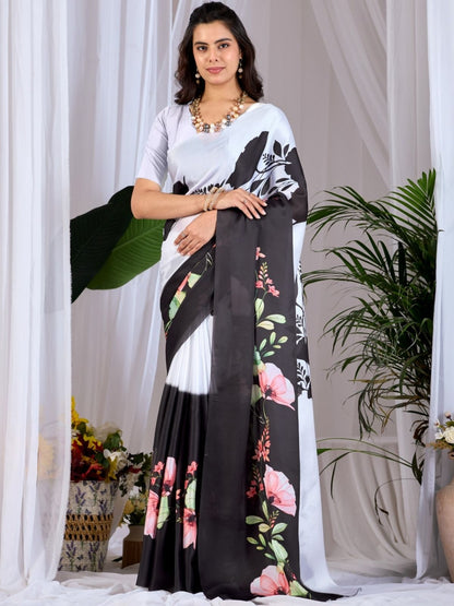 Rajwada White And Black Satin Solid Saree For Women