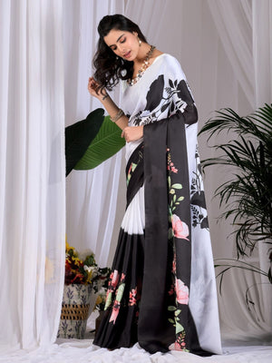 Rajwada White And Black Satin Solid Saree For Women