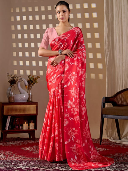 Rajwada Red Satin Solid Saree For Women