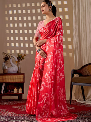 Rajwada Red Satin Solid Saree For Women