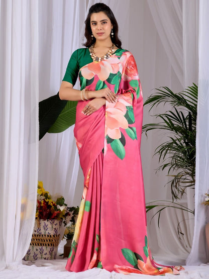 Rajwada Pink Satin Solid Saree For Women