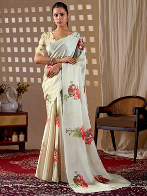Rajwada Off White Satin Solid Saree For Women