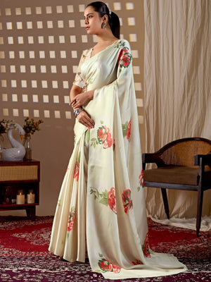 Rajwada Off White Satin Solid Saree For Women
