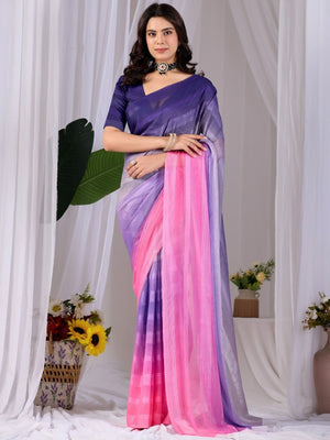 Rajwada Blue And Pink Silk Solid Saree For Women