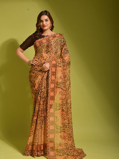 Rajwada Women Brown Georgette Designer Saree With Unstitched Blouse