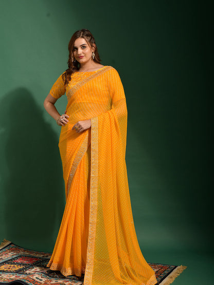 Rajwada Women Yellow Chiffon Designer Saree With Unstitched Blouse
