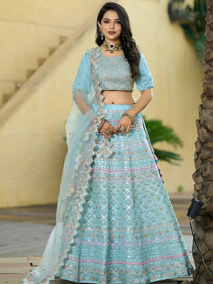 Rajwada Sky Blue Silk Blend Embroidered Semi-Stitched Lehenga For Women