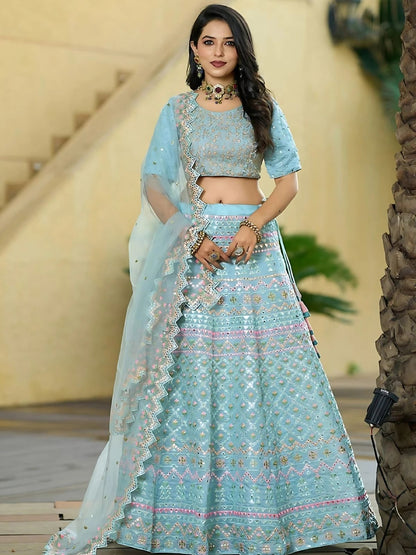 Rajwada Sky Blue Silk Blend Embroidered Semi-Stitched Lehenga For Women
