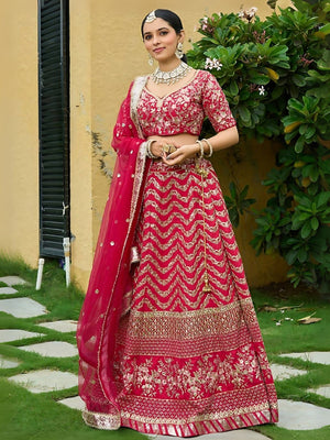 Rajwada Red Silk Blend Embroidered Semi-Stitched Lehenga For Women
