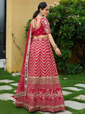 Rajwada Red Silk Blend Embroidered Semi-Stitched Lehenga For Women