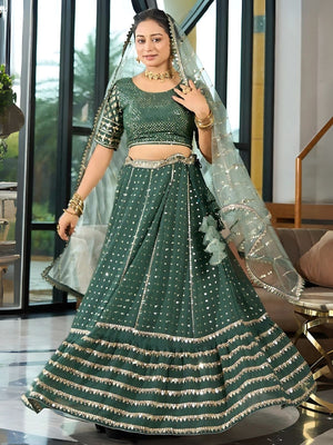 Rajwada Green Georgette Embellished Semi-Stitched Lehenga For Women