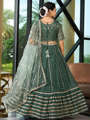 Rajwada Green Georgette Embellished Semi-Stitched Lehenga For Women