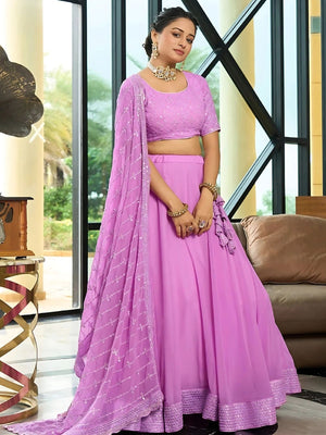 Rajwada Lavender Georgette Embroidered Semi-Stitched Lehenga For Women