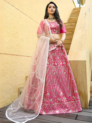 Rajwada Pink Silk Blend Embroidered Semi-Stitched Lehenga For Women