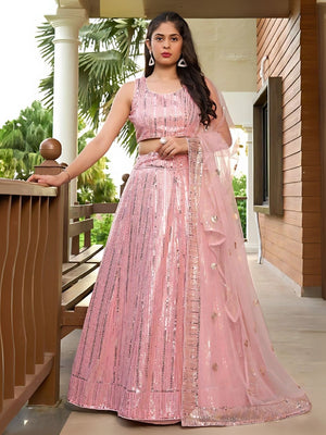 Rajwada Light Pink Georgette Embellished Semi-Stitched Lehenga For Women