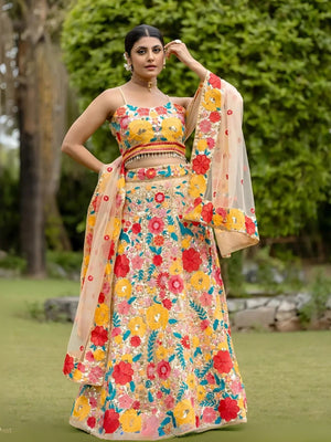 Rajwada Yellow Chinon Silk Sequins Embroidered Semi-Stitched Lehenga For Women