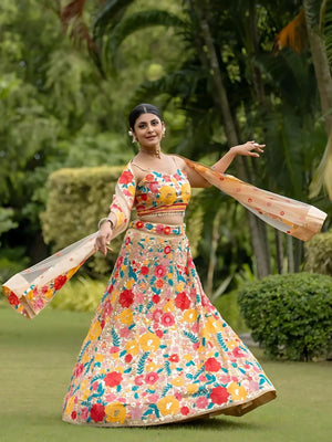 Rajwada Yellow Chinon Silk Sequins Embroidered Semi-Stitched Lehenga For Women