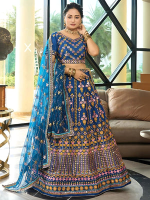Rajwada Blue Chinon Silk Embroidered Semi-Stitched Lehenga For Women