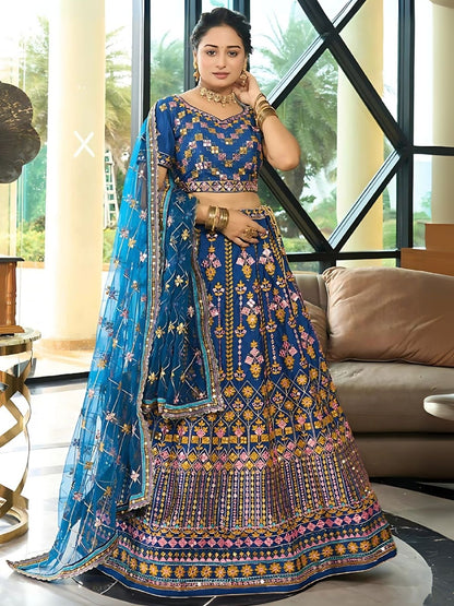Rajwada Blue Chinon Silk Embroidered Semi-Stitched Lehenga For Women