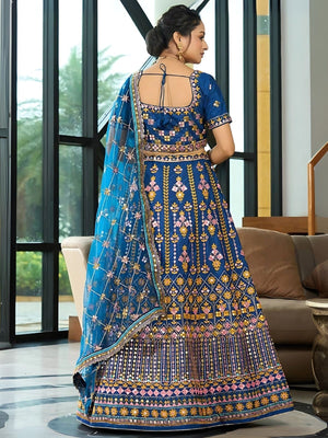 Rajwada Blue Chinon Silk Embroidered Semi-Stitched Lehenga For Women
