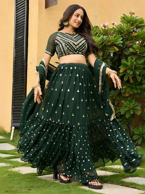 Rajwada Dark Green Georgette Embroidered Semi-Stitched Lehenga For Women
