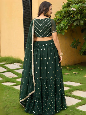 Rajwada Dark Green Georgette Embroidered Semi-Stitched Lehenga For Women