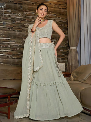 Rajwada Grey Georgette Embroidered Semi-Stitched Lehenga For Women
