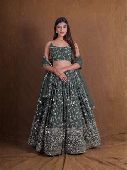 Rajwada Olive Georgette Embellished Semi Stitched Lehenga For Women