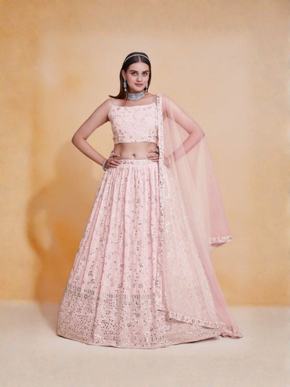 Rajwada Light Pink Georgette Embellished Semi Stitched Lehenga For Women