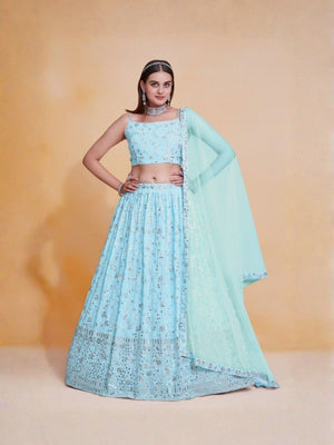 Rajwada Sky Blue Georgette Embellished Semi Stitched Lehenga For Women