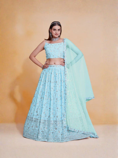 Rajwada Sky Blue Georgette Embellished Semi Stitched Lehenga For Women