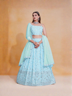 Rajwada Sky Blue Georgette Embellished Semi Stitched Lehenga For Women