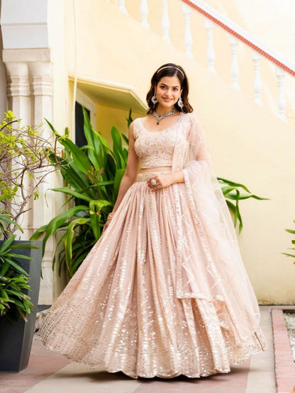 Rajwada Peach Georgette Embellished Semi Stitched Lehenga For Women