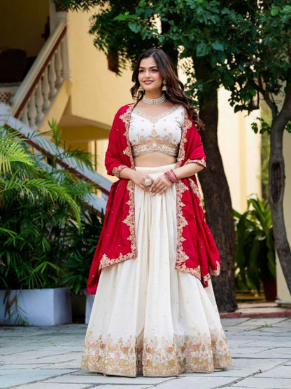 Rajwada Off White Silk Blend Embellished Semi Stitched Lehenga For Women