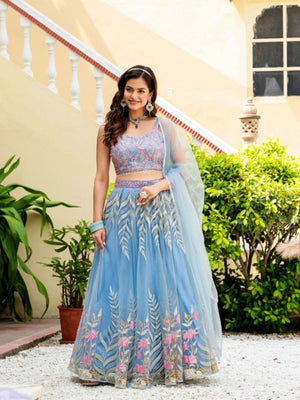 Rajwada Sky Blue Net Embellished Semi Stitched Lehenga For Women