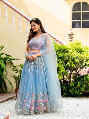 Rajwada Sky Blue Net Embellished Semi Stitched Lehenga For Women