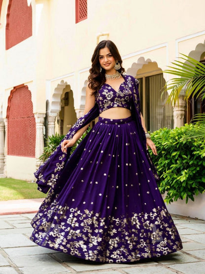 Rajwada Deep Purple Silk Blend Embellished Semi Stitched Lehenga For Women