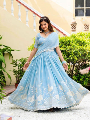Rajwada Sky Blue Georgette Embellished Semi Stitched Lehenga For Women