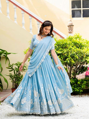 Rajwada Sky Blue Georgette Embellished Semi Stitched Lehenga For Women