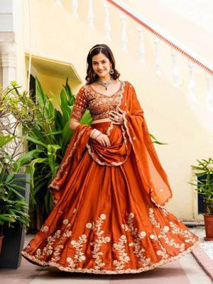 Rajwada Rust Silk Blend Embellished Semi Stitched Lehenga For Women