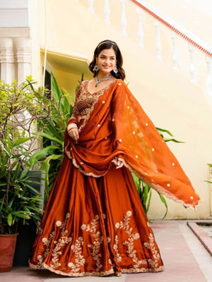 Rajwada Rust Silk Blend Embellished Semi Stitched Lehenga For Women