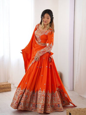Rajwada Orange Crepe Embellished Semi Stitched Lehenga For Women