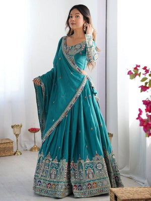 Rajwada Teal Blue Crepe Embellished Semi Stitched Lehenga For Women