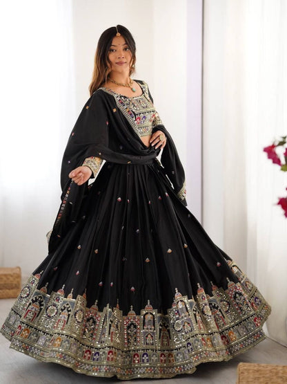 Rajwada Black Crepe Embellished Semi Stitched Lehenga For Women