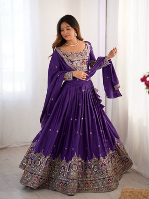 Rajwada Purple Crepe Embellished Semi Stitched Lehenga For Women
